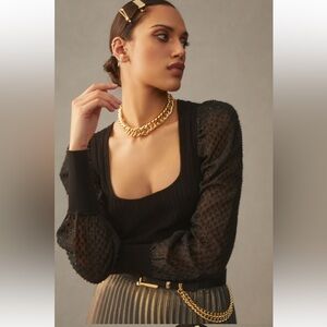 Anthropologie-Puff Sleeve Shimmer Sweater, Black, Size L